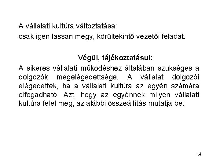 A vállalati kultúra változtatása: csak igen lassan megy, körültekintő vezetői feladat. Végül, tájékoztatásul: A