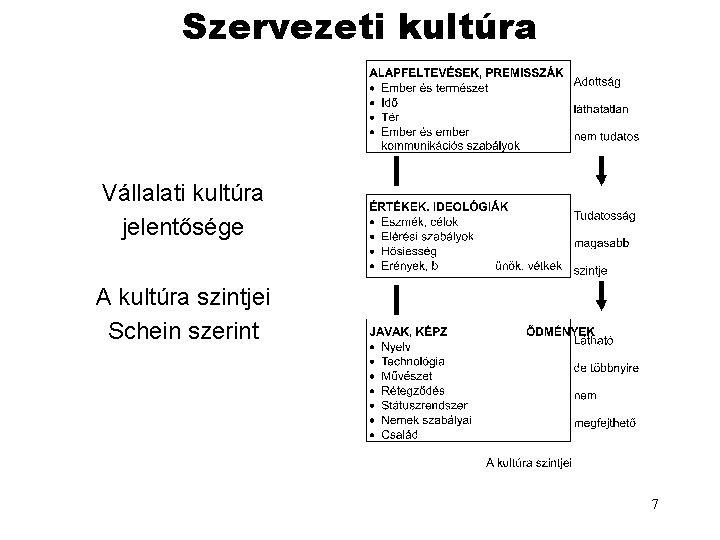 Szervezeti kultúra Vállalati kultúra jelentősége A kultúra szintjei Schein szerint 7 