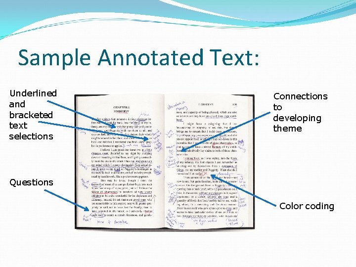 Sample Annotated Text: Underlined and bracketed text selections Connections to developing theme Questions Color