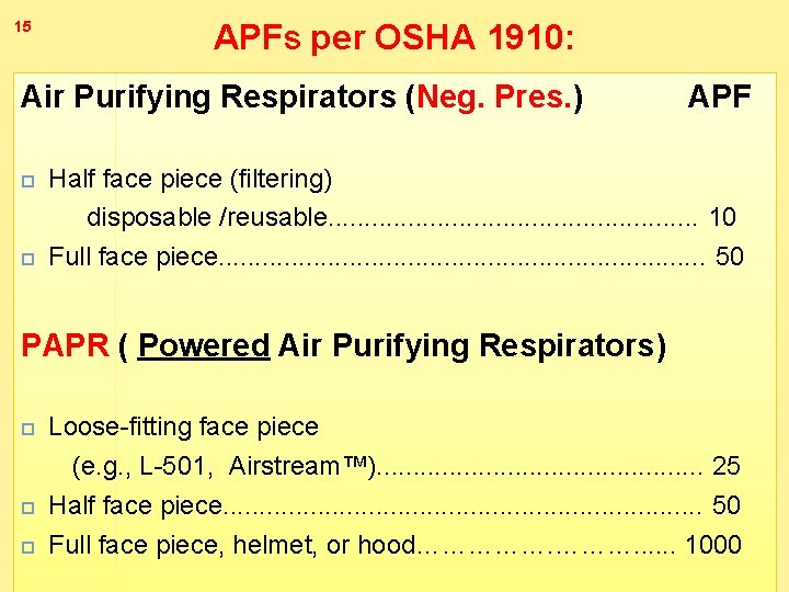 15 APFs per OSHA 1910: Air Purifying Respirators (Neg. Pres. ) APF Half face