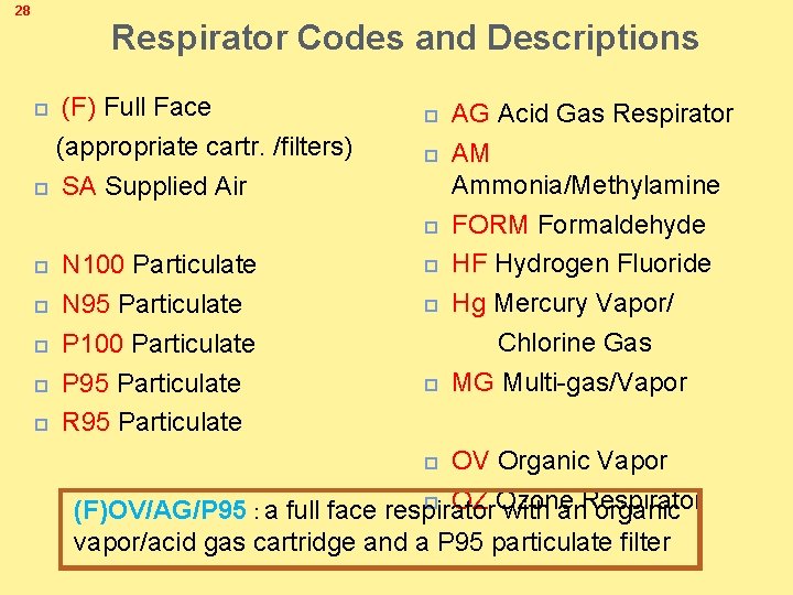 28 Respirator Codes and Descriptions (F) Full Face (appropriate cartr. /filters) SA Supplied Air