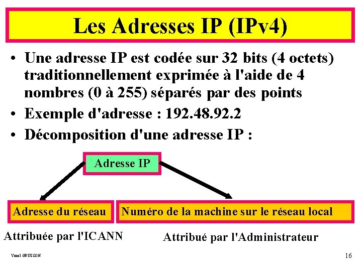 Les Adresses IP (IPv 4) • Une adresse IP est codée sur 32 bits