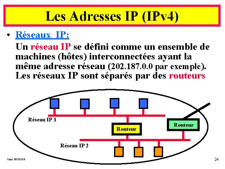 Les Adresses IP (IPv 4) • Réseaux IP: Un réseau IP se défini comme