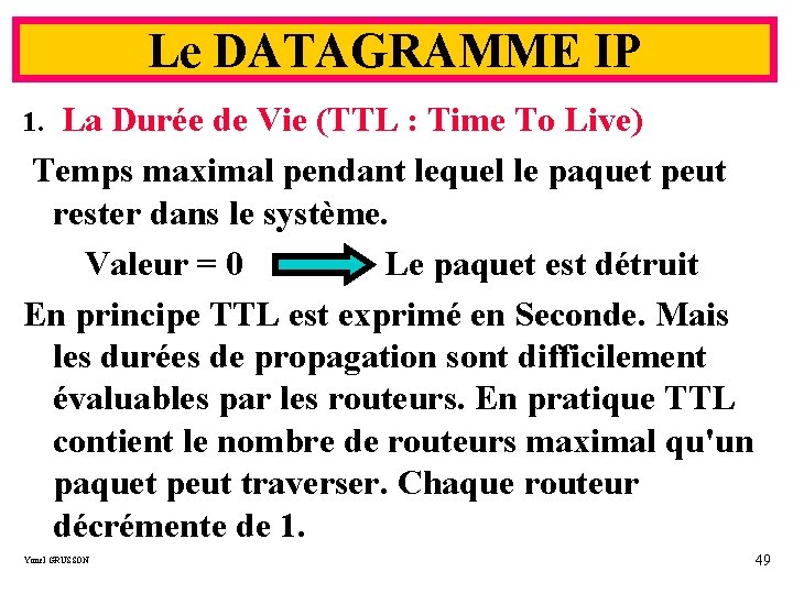 Le DATAGRAMME IP 1. La Durée de Vie (TTL : Time To Live) Temps