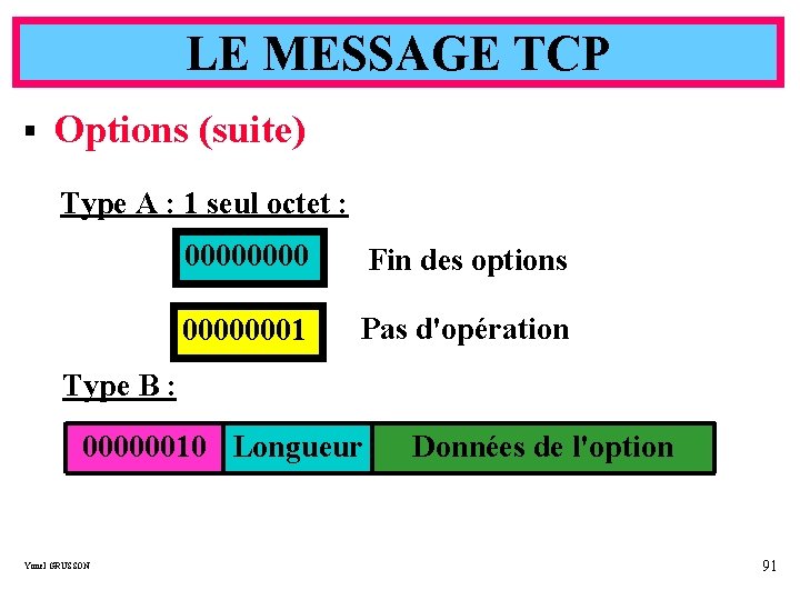 LE MESSAGE TCP § Options (suite) Type A : 1 seul octet : 0000