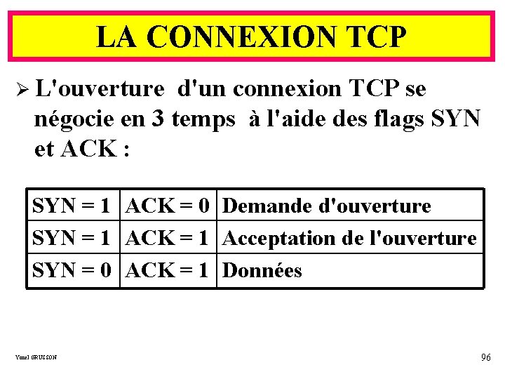 LA CONNEXION TCP Ø L'ouverture d'un connexion TCP se négocie en 3 temps à