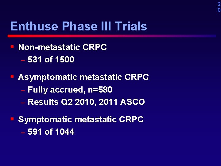 2 0 Enthuse Phase III Trials § Non-metastatic CRPC – 531 of 1500 §