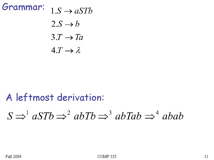Grammar: A leftmost derivation: Fall 2004 COMP 335 11 Grammar: A leftmost derivation: Fall 2004 COMP 335 11