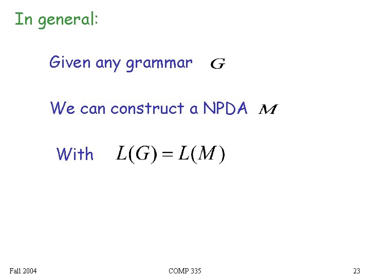 In general: Given any grammar We can construct a NPDA With Fall 2004 COMP In general: Given any grammar We can construct a NPDA With Fall 2004 COMP