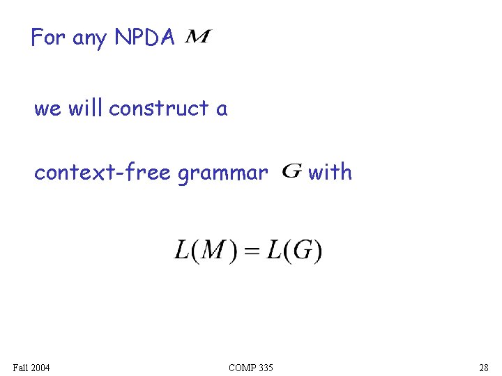 For any NPDA we will construct a context-free grammar Fall 2004 COMP 335 with For any NPDA we will construct a context-free grammar Fall 2004 COMP 335 with