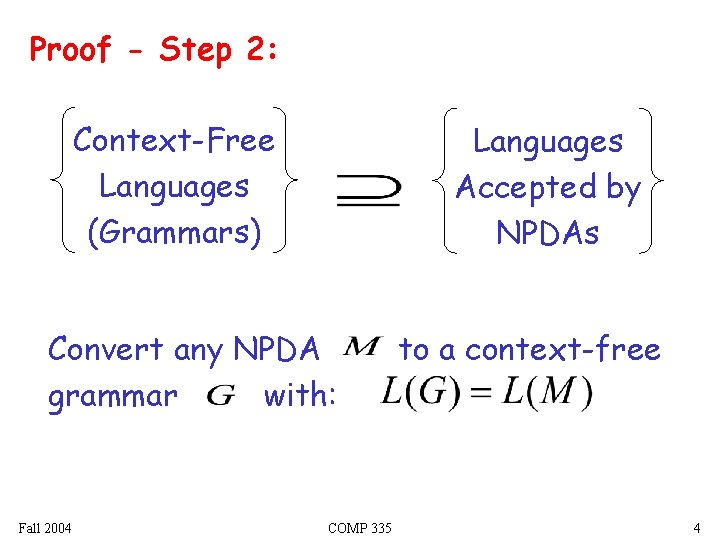 Proof - Step 2: Context-Free Languages (Grammars) Languages Accepted by NPDAs Convert any NPDA Proof - Step 2: Context-Free Languages (Grammars) Languages Accepted by NPDAs Convert any NPDA