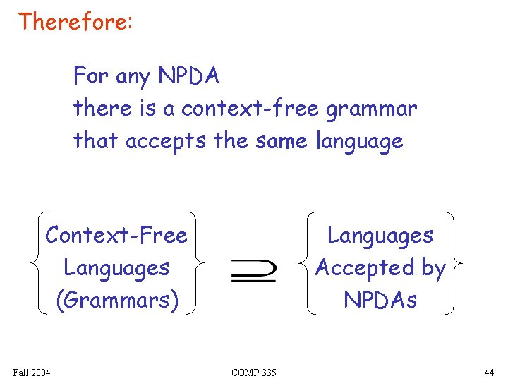 Therefore: For any NPDA there is a context-free grammar that accepts the same language Therefore: For any NPDA there is a context-free grammar that accepts the same language