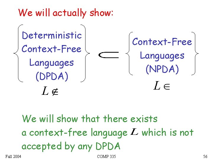 We will actually show: Deterministic Context-Free Languages (DPDA) Context-Free Languages (NPDA) We will show We will actually show: Deterministic Context-Free Languages (DPDA) Context-Free Languages (NPDA) We will show