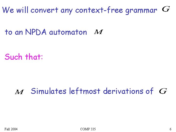 We will convert any context-free grammar to an NPDA automaton Such that: Simulates leftmost We will convert any context-free grammar to an NPDA automaton Such that: Simulates leftmost