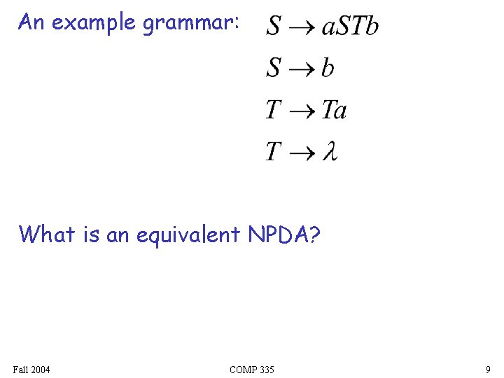 An example grammar: What is an equivalent NPDA? Fall 2004 COMP 335 9 An example grammar: What is an equivalent NPDA? Fall 2004 COMP 335 9