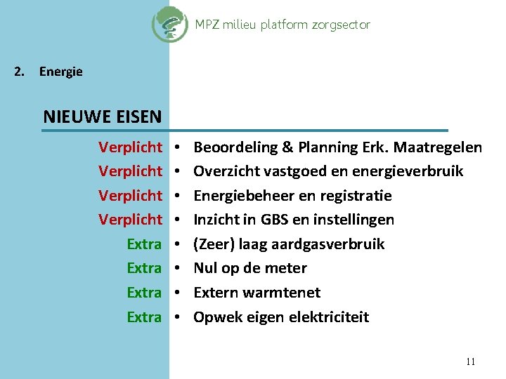 MPZ milieu platform zorgsector 2. Energie NIEUWE EISEN Verplicht Extra • • Beoordeling &