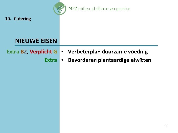 MPZ milieu platform zorgsector 10. Catering NIEUWE EISEN Extra BZ, Verplicht G • Verbeterplan
