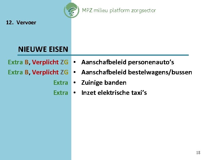 MPZ milieu platform zorgsector 12. Vervoer NIEUWE EISEN Extra B, Verplicht ZG Extra •