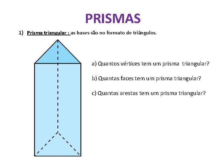 PRISMAS 1) Prisma triangular : as bases são no formato de triângulos. a) Quantos