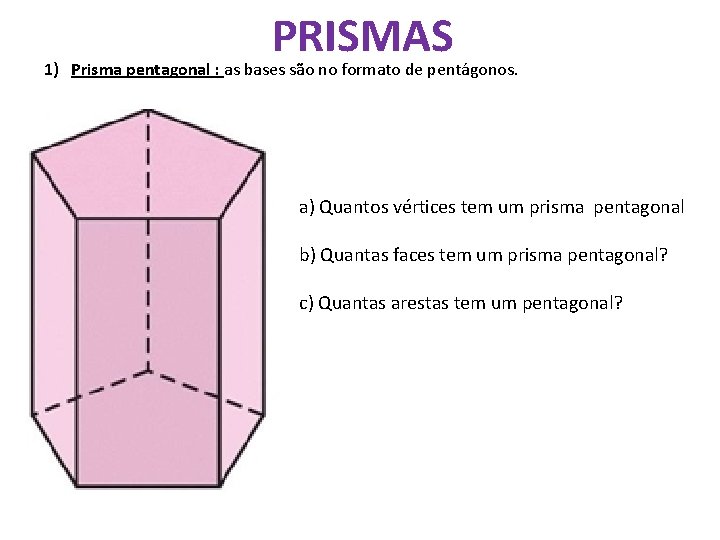 PRISMAS 1) Prisma pentagonal : as bases são no formato de pentágonos. a) Quantos