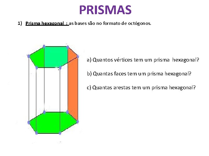 PRISMAS 1) Prisma hexagonal : as bases são no formato de octógonos. a) Quantos