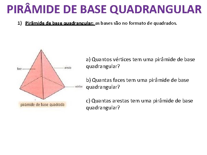 PIR MIDE DE BASE QUADRANGULAR 1) Pirâmide de base quadrangular: as bases são no