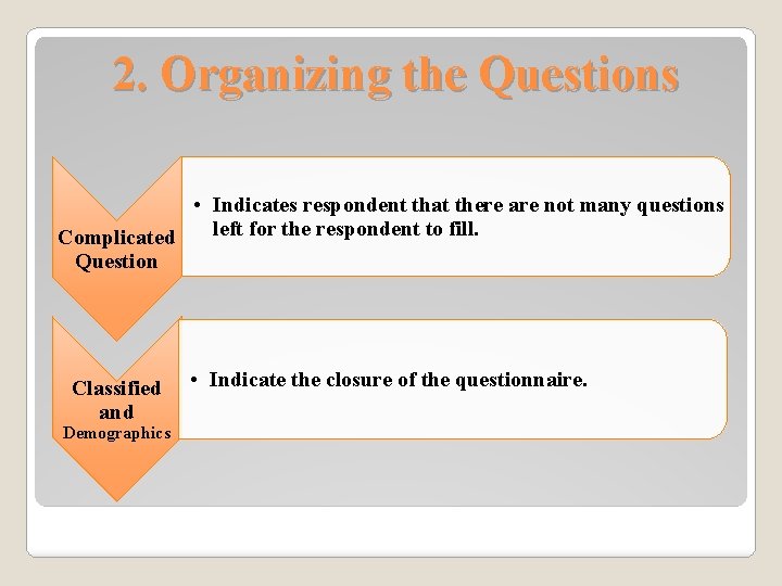 2. Organizing the Questions • Indicates respondent that there are not many questions left