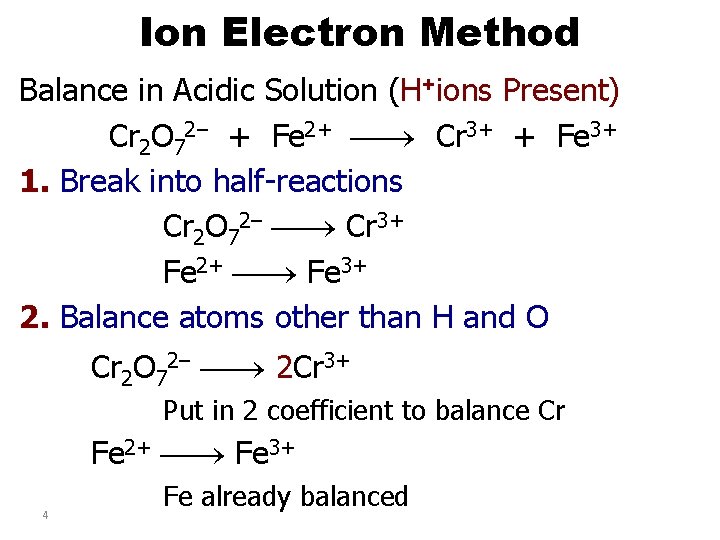 Ion Electron Method Balance in Acidic Solution (H+ions Present) Cr 2 O 72– +