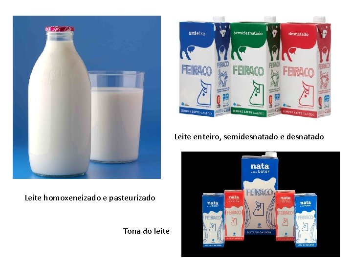 Leite enteiro, semidesnatado e desnatado Leite homoxeneizado e pasteurizado Tona do leite 