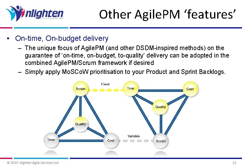 Other Agile. PM ‘features’ • On-time, On-budget delivery – The unique focus of Agile. Other Agile. PM ‘features’ • On-time, On-budget delivery – The unique focus of Agile.