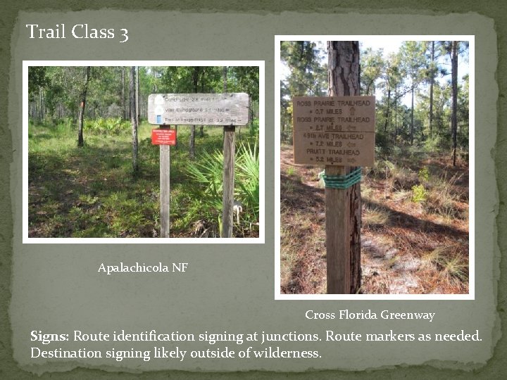 Trail Class 3 Apalachicola NF Cross Florida Greenway Signs: Route identification signing at junctions.