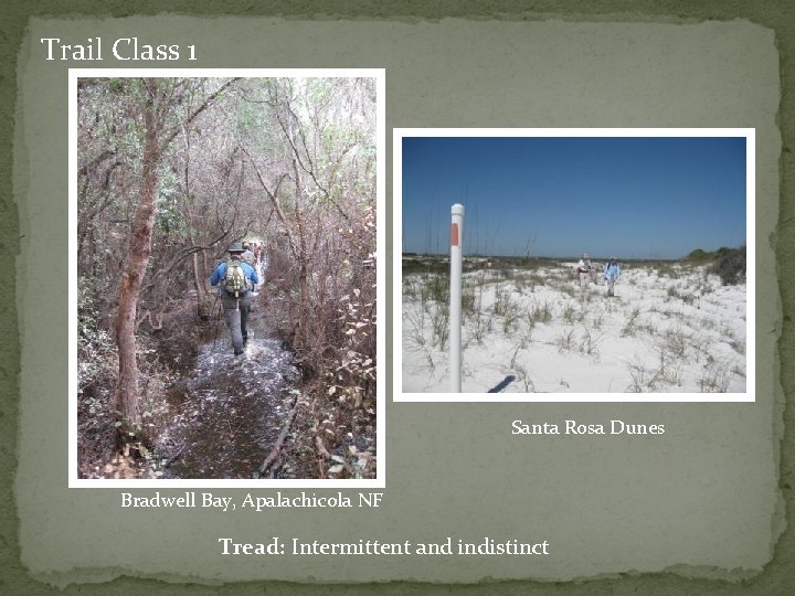 Trail Class 1 Santa Rosa Dunes Bradwell Bay, Apalachicola NF Tread: Intermittent and indistinct