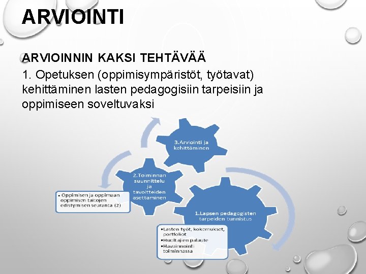 ARVIOINTI ARVIOINNIN KAKSI TEHTÄVÄÄ 1. Opetuksen (oppimisympäristöt, työtavat) kehittäminen lasten pedagogisiin tarpeisiin ja oppimiseen