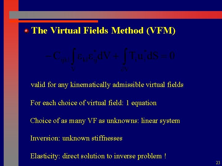  The Virtual Fields Method (VFM) valid for any kinematically admissible virtual fields For