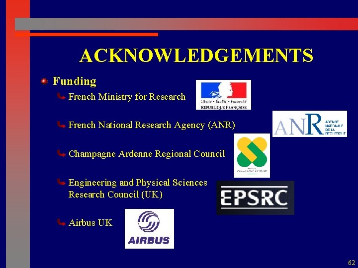 ACKNOWLEDGEMENTS Funding French Ministry for Research French National Research Agency (ANR) Champagne Ardenne Regional
