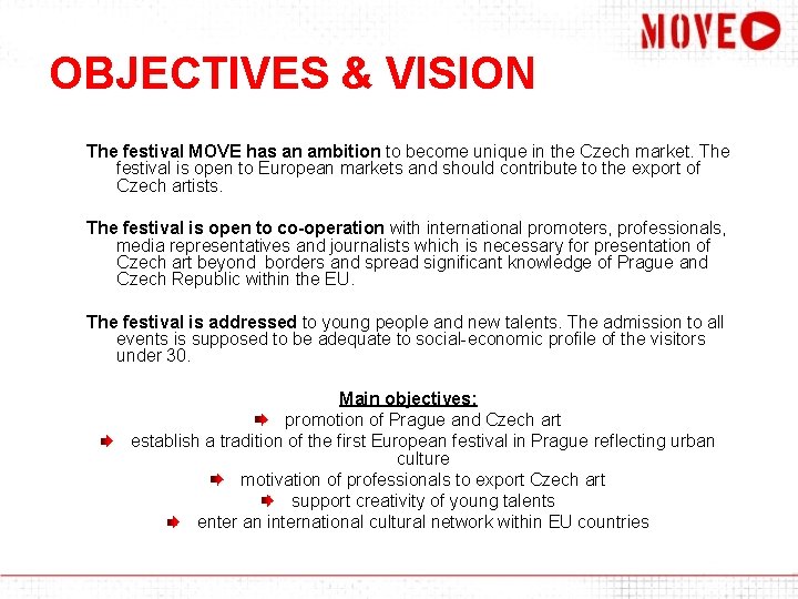 OBJECTIVES & VISION The festival MOVE has an ambition to become unique in the