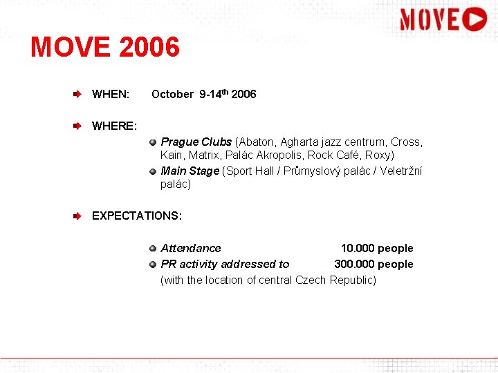 MOVE 2006 WHEN: October 9 -14 th 2006 WHERE: Prague Clubs (Abaton, Agharta jazz