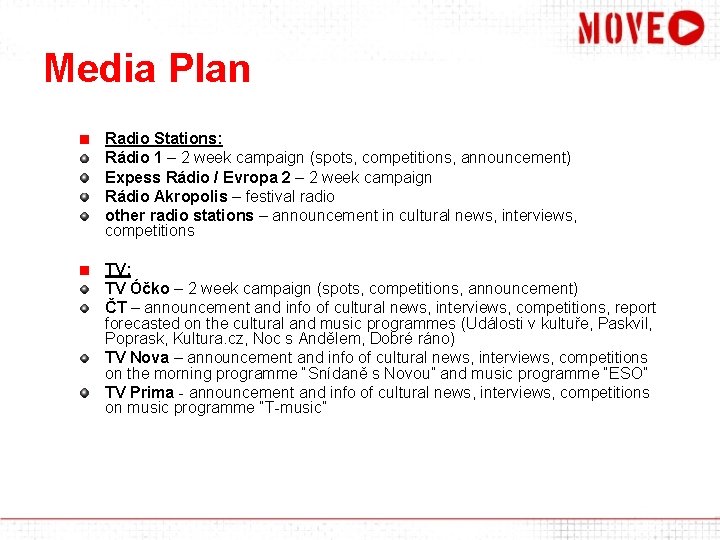 Media Plan Radio Stations: Rádio 1 – 2 week campaign (spots, competitions, announcement) Expess