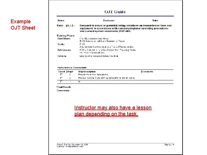 Example OJT Sheet Instructor may also have a lesson plan depending on the task.