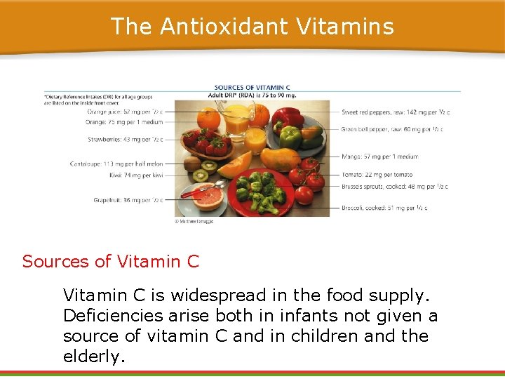 The Antioxidant Vitamins Sources of Vitamin C is widespread in the food supply. Deficiencies The Antioxidant Vitamins Sources of Vitamin C is widespread in the food supply. Deficiencies