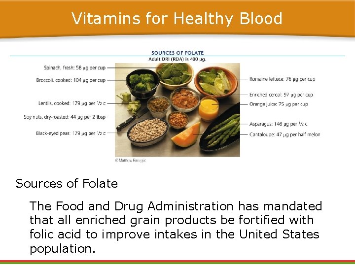 Vitamins for Healthy Blood Sources of Folate The Food and Drug Administration has mandated Vitamins for Healthy Blood Sources of Folate The Food and Drug Administration has mandated