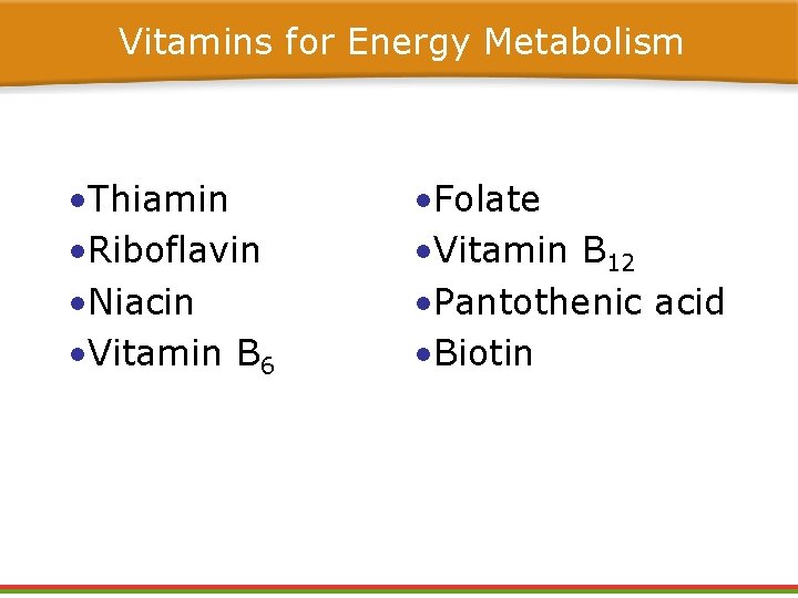 Vitamins for Energy Metabolism • Thiamin • Riboflavin • Niacin • Vitamin B 6 Vitamins for Energy Metabolism • Thiamin • Riboflavin • Niacin • Vitamin B 6