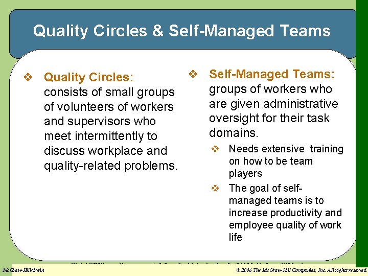 Quality Circles & Self-Managed Teams v Self-Managed Teams: v Quality Circles: groups of workers