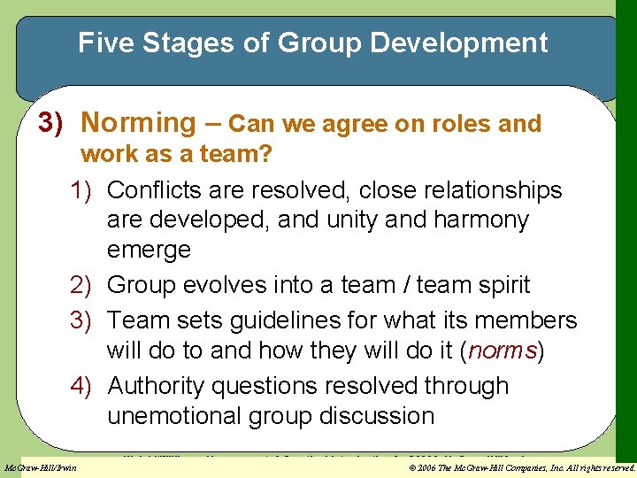 Five Stages of Group Development 3) Norming – Can we agree on roles and