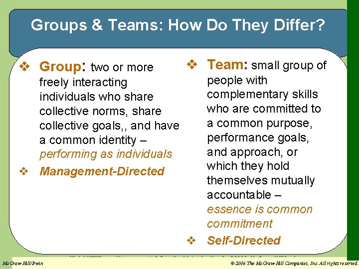 Groups & Teams: How Do They Differ? v Group: two or more freely interacting