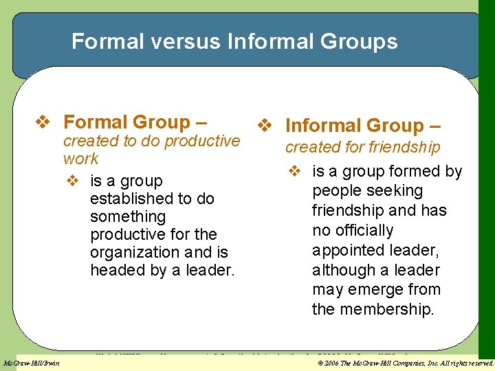 Formal versus Informal Groups v Formal Group – created to do productive work v