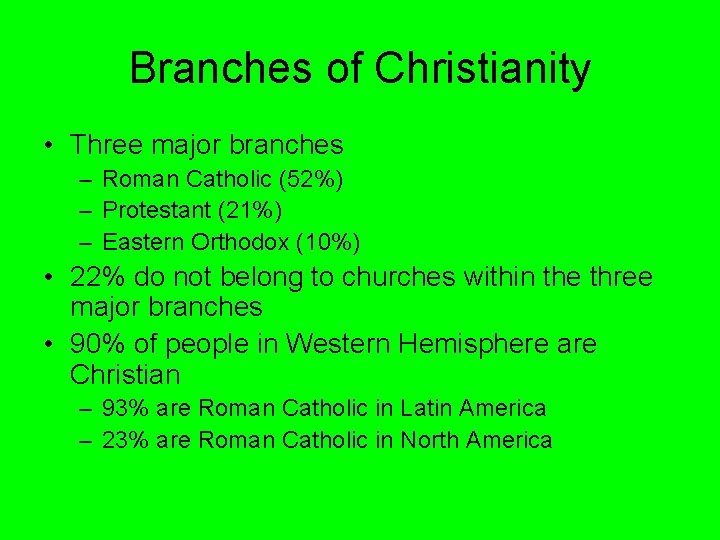 Branches of Christianity • Three major branches – Roman Catholic (52%) – Protestant (21%) Branches of Christianity • Three major branches – Roman Catholic (52%) – Protestant (21%)