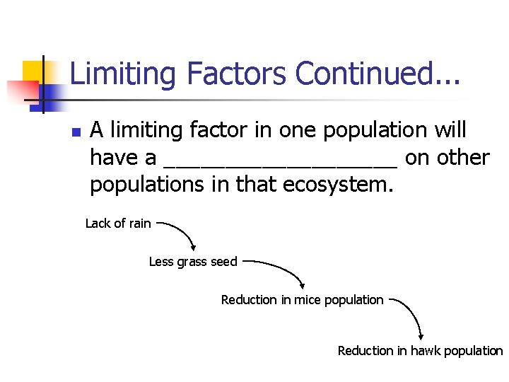 Limiting Factors Continued. . . n A limiting factor in one population will have