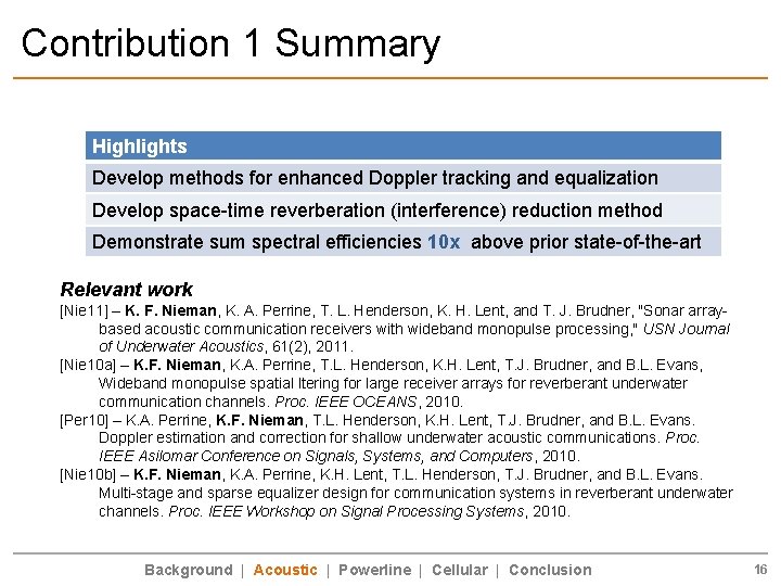 Contribution 1 Summary Highlights Develop methods for enhanced Doppler tracking and equalization Develop space-time