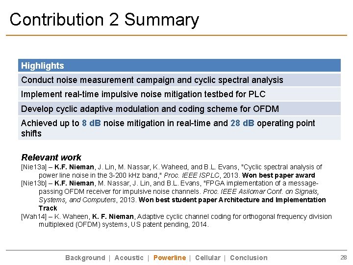 Contribution 2 Summary Highlights Conduct noise measurement campaign and cyclic spectral analysis Implement real-time